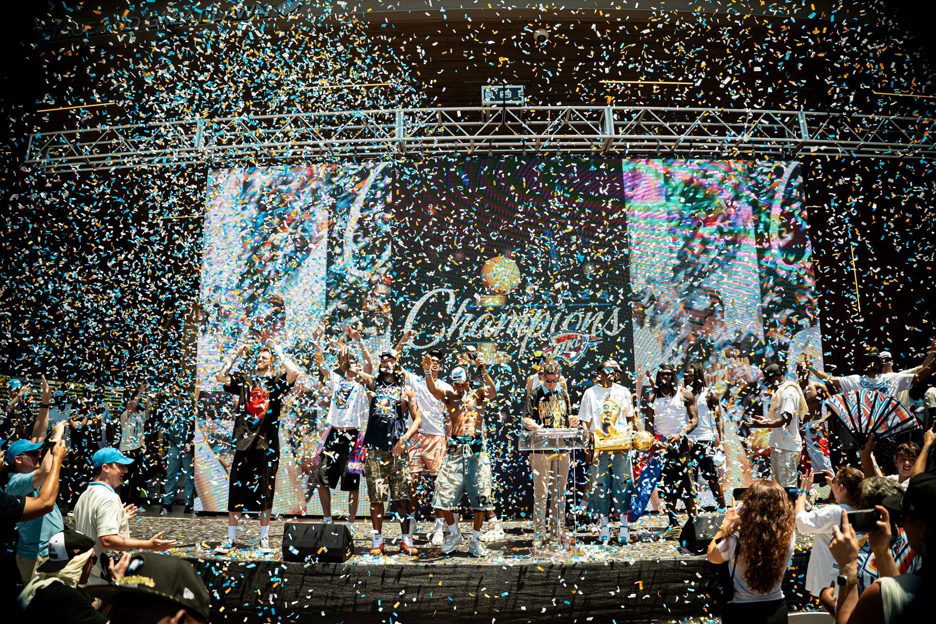 The Oklahoma City Thunder celebrates with Mayor David Holt during the Champions Parade in downtown OKC. Shot by Jimmy Do